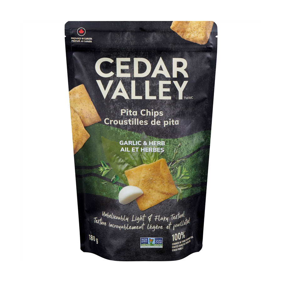 Cedar Valley Selections, garlic & herb pita chips 180 gg Bright